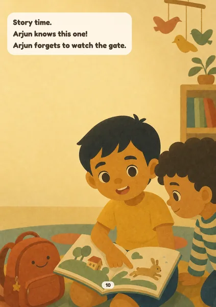 First Day, Brave Day sample page in Cosy Shapes: flat rounded shapes in mustard, terracotta, sage and teal, with a visible paper grain. An illustrated, fictional boy of about five, with light brown skin and short straight black hair, sits on the round classroom rug with a picture book open on his lap, pointing at the page as he tells the story to a curly-haired new friend who leans in. The words on the page: Story time. Arjun knows this one! Arjun forgets to watch the gate.