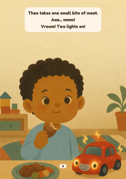Super Petrol Station sample page in Cosy Shapes: flat rounded shapes in mustard, terracotta, sage and teal, with a visible paper grain. An illustrated, fictional boy of about five, with warm brown skin and short dark curly hair, in a pale blue top, holds a bite of meat with a proud, closed-mouth smile beside a small shiny red toy car whose two headlight eyes now glow, tiny sparks of energy around it. The words on the page: Theo takes one small bite of meat. Aaa... mmm! Vroom! Two lights on!