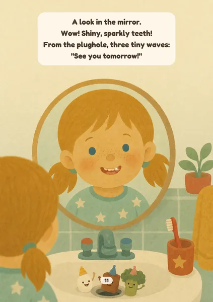 Tooth Party sample page in Cosy Shapes: flat rounded shapes in mustard, terracotta, sage and teal, with a visible paper grain. An illustrated, fictional girl of about four, with fair, freckled skin and strawberry-blonde hair in two short pigtails, smiles happily at her reflection in the round bathroom mirror, showing clean little teeth, while three tiny food guests in party hats, a rice grain, a cube of meat and a broccoli floret, stand by the plughole in the basin and wave goodbye. The words on the page: A look in the mirror. Wow! Shiny, sparkly teeth! From the plughole, three tiny waves: "See you tomorrow!"