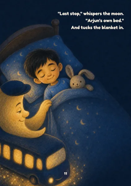 Moon Bus sample page in Moonlight Pastel: chalk pastel on deep navy paper, the child's face lit by warm light. An illustrated, fictional boy of about five, with light brown skin and short straight black hair, lies tucked up in bed with his eyes closed and a small smile, his grey knitted bunny on the pillow beside him, as the sleepy crescent-moon driver leans in to pull the blanket up and the little Moon Bus glows beside the bed. The words on the page: "Last stop," whispers the moon. "Arjun's own bed." And tucks the blanket in.