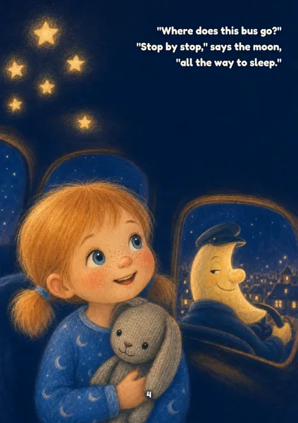 Moon Bus sample page in Moonlight Pastel: chalk pastel on deep navy paper, the child's face lit by warm light. An illustrated, fictional girl of about four, with fair, freckled skin and strawberry-blonde hair in two short pigtails, rides inside the Moon Bus in her pyjamas hugging her grey knitted bunny, looking up in wonder, as the sleepy crescent-moon driver smiles back over its shoulder under tiny star-shaped lights. The words on the page: "Where does this bus go?" "Stop by stop," says the moon, "all the way to sleep."