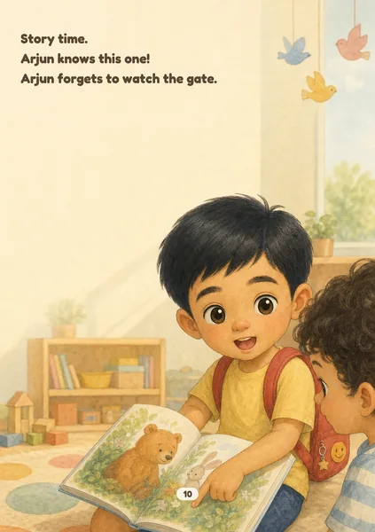 First Day, Brave Day sample page in Pastel Paper: soft painted spring pastels on lightly textured paper. An illustrated, fictional boy of about five, with light brown skin and short straight black hair, sits on the round classroom rug with a picture book open on his lap, pointing at the page as he tells the story to a curly-haired new friend who leans in. The words on the page: Story time. Arjun knows this one! Arjun forgets to watch the gate.