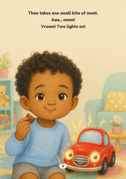 Super Petrol Station sample page in Pastel Paper: soft painted spring pastels on lightly textured paper. An illustrated, fictional boy of about five, with warm brown skin and short dark curly hair, in a pale blue top, holds a bite of meat with a proud, closed-mouth smile beside a small shiny red toy car whose two headlight eyes now glow, tiny sparks of energy around it. The words on the page: Theo takes one small bite of meat. Aaa... mmm! Vroom! Two lights on!