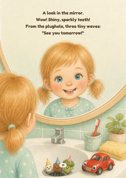 Tooth Party sample page in Pastel Paper: soft painted spring pastels on lightly textured paper. An illustrated, fictional girl of about four, with fair, freckled skin and strawberry-blonde hair in two short pigtails, smiles happily at her reflection in the round bathroom mirror, showing clean little teeth, while three tiny food guests in party hats, a rice grain, a cube of meat and a broccoli floret, stand by the plughole in the basin and wave goodbye. The words on the page: A look in the mirror. Wow! Shiny, sparkly teeth! From the plughole, three tiny waves: "See you tomorrow!"