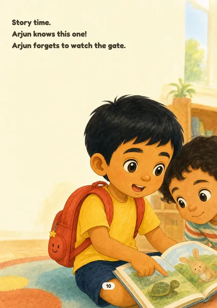 First Day, Brave Day sample page in Warm Gouache: soft gouache and watercolour with gentle linework. An illustrated, fictional boy of about five, with light brown skin and short straight black hair, sits on the round classroom rug with a picture book open on his lap, pointing at the page as he tells the story to a curly-haired new friend who leans in. The words on the page: Story time. Arjun knows this one! Arjun forgets to watch the gate.