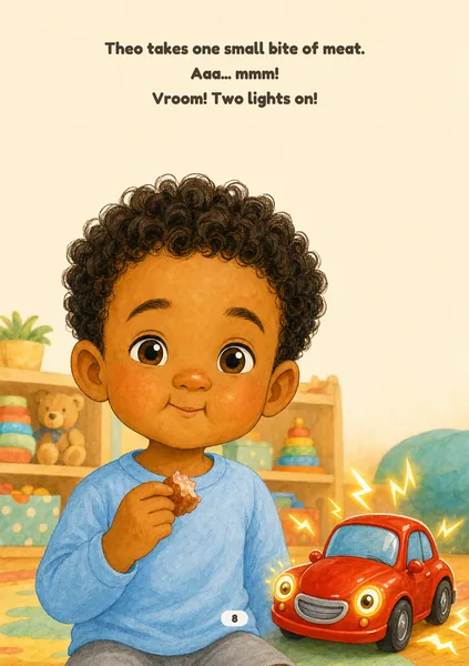Super Petrol Station sample page in Warm Gouache: soft gouache and watercolour with gentle linework. An illustrated, fictional boy of about five, with warm brown skin and short dark curly hair, in a pale blue top, holds a bite of meat with a proud, closed-mouth smile beside a small shiny red toy car whose two headlight eyes now glow, tiny sparks of energy around it. The words on the page: Theo takes one small bite of meat. Aaa... mmm! Vroom! Two lights on!