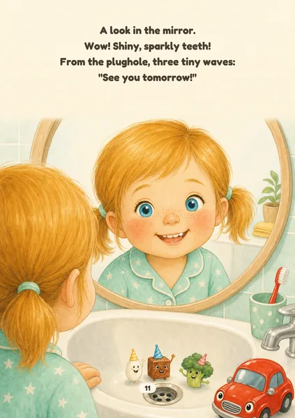 Tooth Party sample page in Warm Gouache: soft gouache and watercolour with gentle linework. An illustrated, fictional girl of about four, with fair, freckled skin and strawberry-blonde hair in two short pigtails, smiles happily at her reflection in the round bathroom mirror, showing clean little teeth, while three tiny food guests in party hats, a rice grain, a cube of meat and a broccoli floret, stand by the plughole in the basin and wave goodbye. The words on the page: A look in the mirror. Wow! Shiny, sparkly teeth! From the plughole, three tiny waves: "See you tomorrow!"