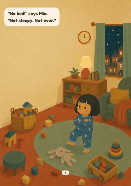 Moon Bus sample page in Cosy Shapes: flat rounded shapes in mustard, terracotta, sage and teal, with a visible paper grain. An illustrated, fictional girl of about three, with light golden skin and a straight black bob with a fringe, stands on the living-room rug in blue moon-print pyjamas with her arms folded and a stubborn pout, her grey knitted bunny dropped at her feet. The words on the page: "No bed!" says Mia. "Not sleepy. Not ever."