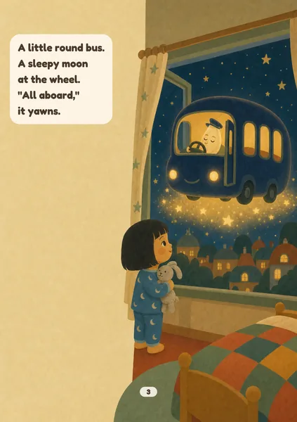 Moon Bus sample page in Cosy Shapes: flat rounded shapes in mustard, terracotta, sage and teal, with a visible paper grain. An illustrated, fictional girl of about three, with light golden skin and a straight black bob with a fringe, stands at the window in her pyjamas holding her grey knitted bunny, amazed, as the round indigo Moon Bus with glowing yellow windows floats outside on a cushion of stars, a sleepy crescent moon at the wheel. The words on the page: A little round bus. A sleepy moon at the wheel. "All aboard," it yawns.