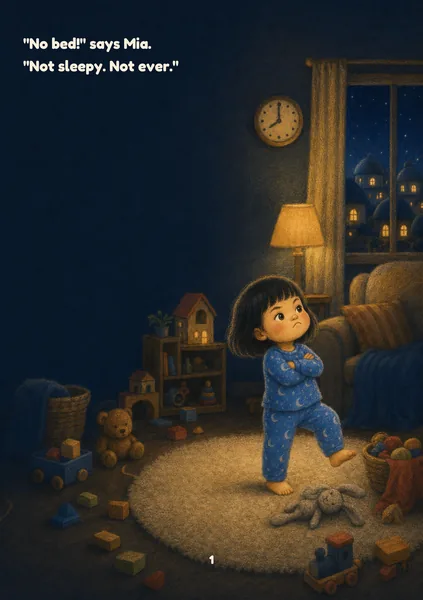 Moon Bus sample page in Moonlight Pastel: chalk pastel on deep navy paper, the child's face lit by warm light. An illustrated, fictional girl of about three, with light golden skin and a straight black bob with a fringe, stands on the living-room rug in blue moon-print pyjamas with her arms folded and a stubborn pout, her grey knitted bunny dropped at her feet. The words on the page: "No bed!" says Mia. "Not sleepy. Not ever."