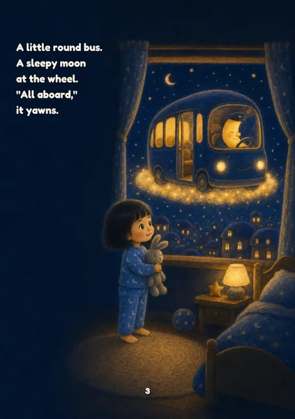 Moon Bus sample page in Moonlight Pastel: chalk pastel on deep navy paper, the child's face lit by warm light. An illustrated, fictional girl of about three, with light golden skin and a straight black bob with a fringe, stands at the window in her pyjamas holding her grey knitted bunny, amazed, as the round indigo Moon Bus with glowing yellow windows floats outside on a cushion of stars, a sleepy crescent moon at the wheel. The words on the page: A little round bus. A sleepy moon at the wheel. "All aboard," it yawns.