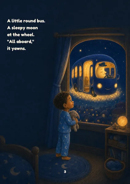 Moon Bus sample page in Moonlight Pastel: chalk pastel on deep navy paper, the child's face lit by warm light. An illustrated, fictional boy of about five, with warm brown skin and short dark curly hair, stands at the window in his pyjamas holding his grey knitted bunny, amazed, as the round indigo Moon Bus with glowing yellow windows floats outside on a cushion of stars, a sleepy crescent moon at the wheel. The words on the page: A little round bus. A sleepy moon at the wheel. "All aboard," it yawns.