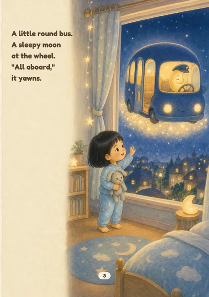 Moon Bus sample page in Pastel Paper: soft painted spring pastels on lightly textured paper. An illustrated, fictional girl of about three, with light golden skin and a straight black bob with a fringe, stands at the window in her pyjamas holding her grey knitted bunny, amazed, as the round indigo Moon Bus with glowing yellow windows floats outside on a cushion of stars, a sleepy crescent moon at the wheel. The words on the page: A little round bus. A sleepy moon at the wheel. "All aboard," it yawns.