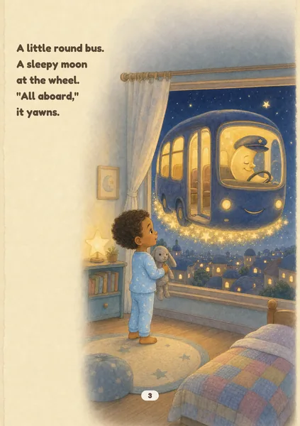 Moon Bus sample page in Pastel Paper: soft painted spring pastels on lightly textured paper. An illustrated, fictional boy of about five, with warm brown skin and short dark curly hair, stands at the window in his pyjamas holding his grey knitted bunny, amazed, as the round indigo Moon Bus with glowing yellow windows floats outside on a cushion of stars, a sleepy crescent moon at the wheel. The words on the page: A little round bus. A sleepy moon at the wheel. "All aboard," it yawns.