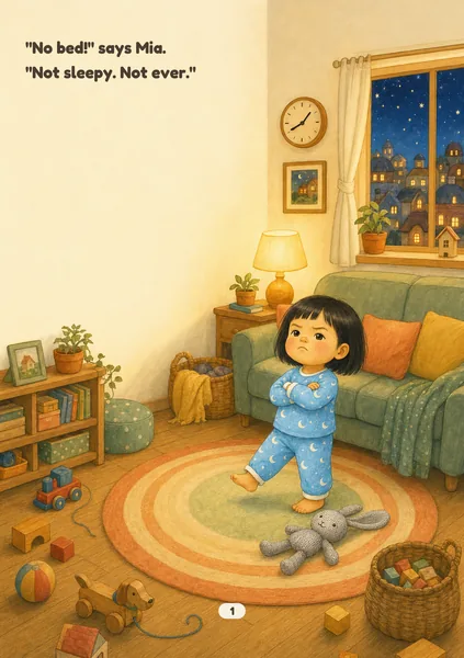 Moon Bus sample page in Warm Gouache: soft gouache and watercolour with gentle linework. An illustrated, fictional girl of about three, with light golden skin and a straight black bob with a fringe, stands on the living-room rug in blue moon-print pyjamas with her arms folded and a stubborn pout, her grey knitted bunny dropped at her feet. The words on the page: "No bed!" says Mia. "Not sleepy. Not ever."