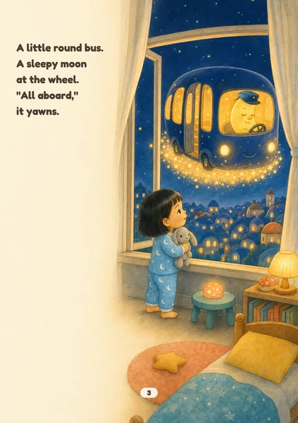 Moon Bus sample page in Warm Gouache: soft gouache and watercolour with gentle linework. An illustrated, fictional girl of about three, with light golden skin and a straight black bob with a fringe, stands at the window in her pyjamas holding her grey knitted bunny, amazed, as the round indigo Moon Bus with glowing yellow windows floats outside on a cushion of stars, a sleepy crescent moon at the wheel. The words on the page: A little round bus. A sleepy moon at the wheel. "All aboard," it yawns.